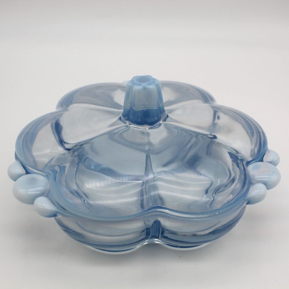 Duncan Miller Canterbury Candy Dish Covered Divided 7.5 inch  VTG Blue Opalescen